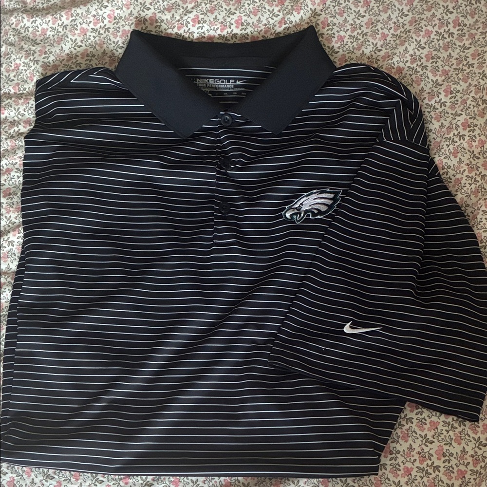 NikeGolf Tour Performance Dri-Fit Black and White Striped Polo with Eagles Logo